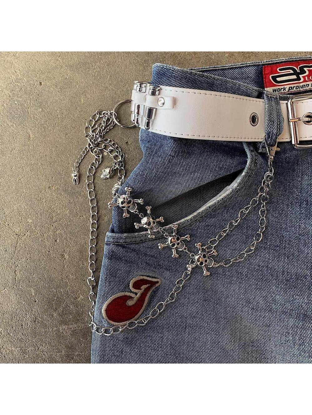 Vintage y2k cyber style chrome silver skull pocket chain grunge biker. Unisex